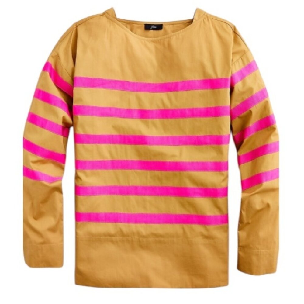 J.Crew Cotton Poplin Long Sleeve Top With Pink Ribbon Stripe Size Small